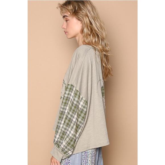 POL Dusky Sage Size Small Round Neck Plaid Sleeve Floral Print Ribbed Top - Picture 3 of 5